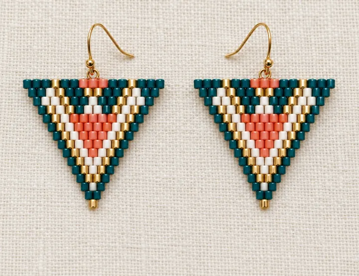 A pair of triangle brick stitch earrings in teal, coral, gold and white Miyuki Delica beads